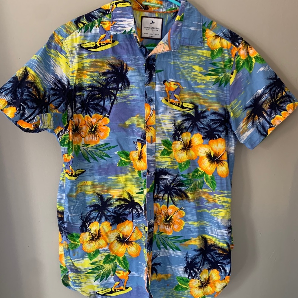 Tropical denim and flower casual button down